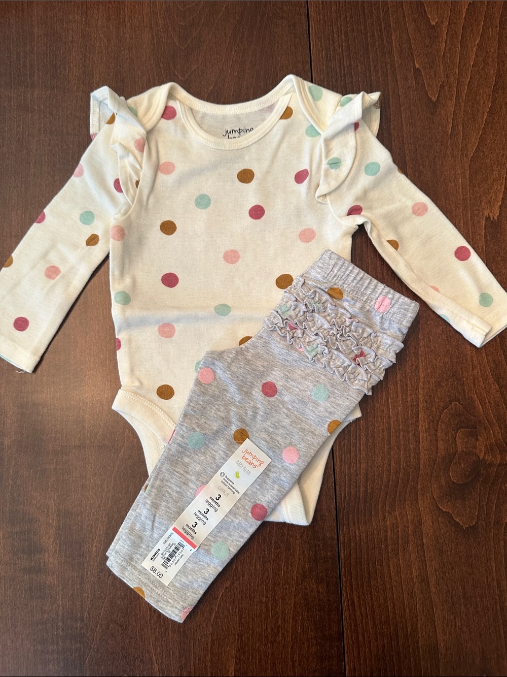jumping beans Cream Polka Dot Bodysuit and Gray Ruffle Leggings